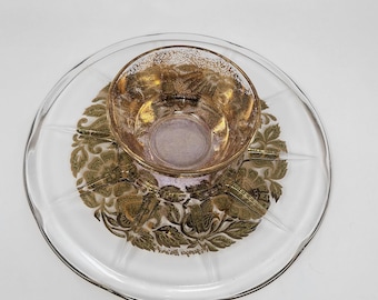 Vintage George Briard Gold Floral Inlay Pedestal Clear Glass Cake Platter Stand Server Signed