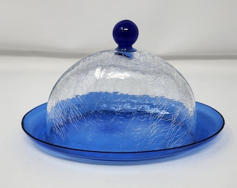 VINTAGE Butter Cheese Dish Cobalt Blue & Clear Crackle Glass 1930's Made in USA