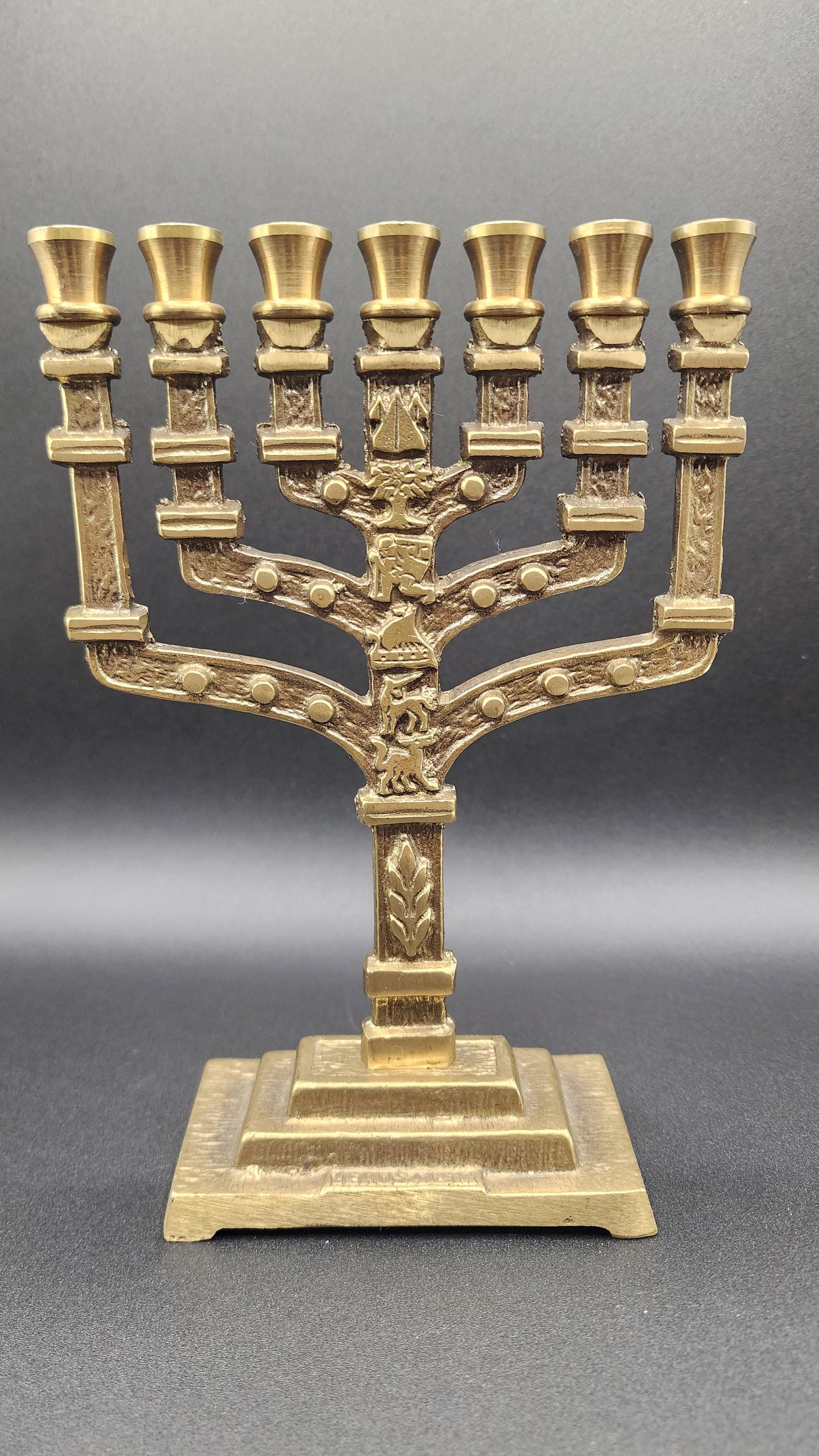 Menorah Candeliere Ebraico Oro - 7 Rami Con Simboli 12 Tribù Israele, 20cm - Foto 11