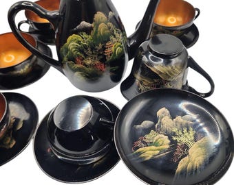 Vintage 14 Piece Asian Antique Black Gold Lacquerware Tea Set Hand