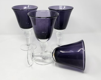 4 copas de agua/vino Artland Iris Plum Purple Heavy Clear Stem Bubble Glass (sopladas a mano)