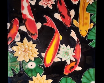Decorative Colorful Lotus, Water Lily Koi Tile Hanging Wall Picture Frame
