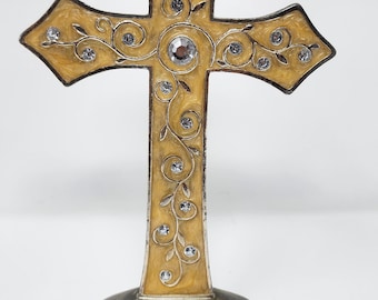 Ornate Enamel Tabletop Yellow Silver Cross W/ Rhine Stones Floral Pattern CHRIST