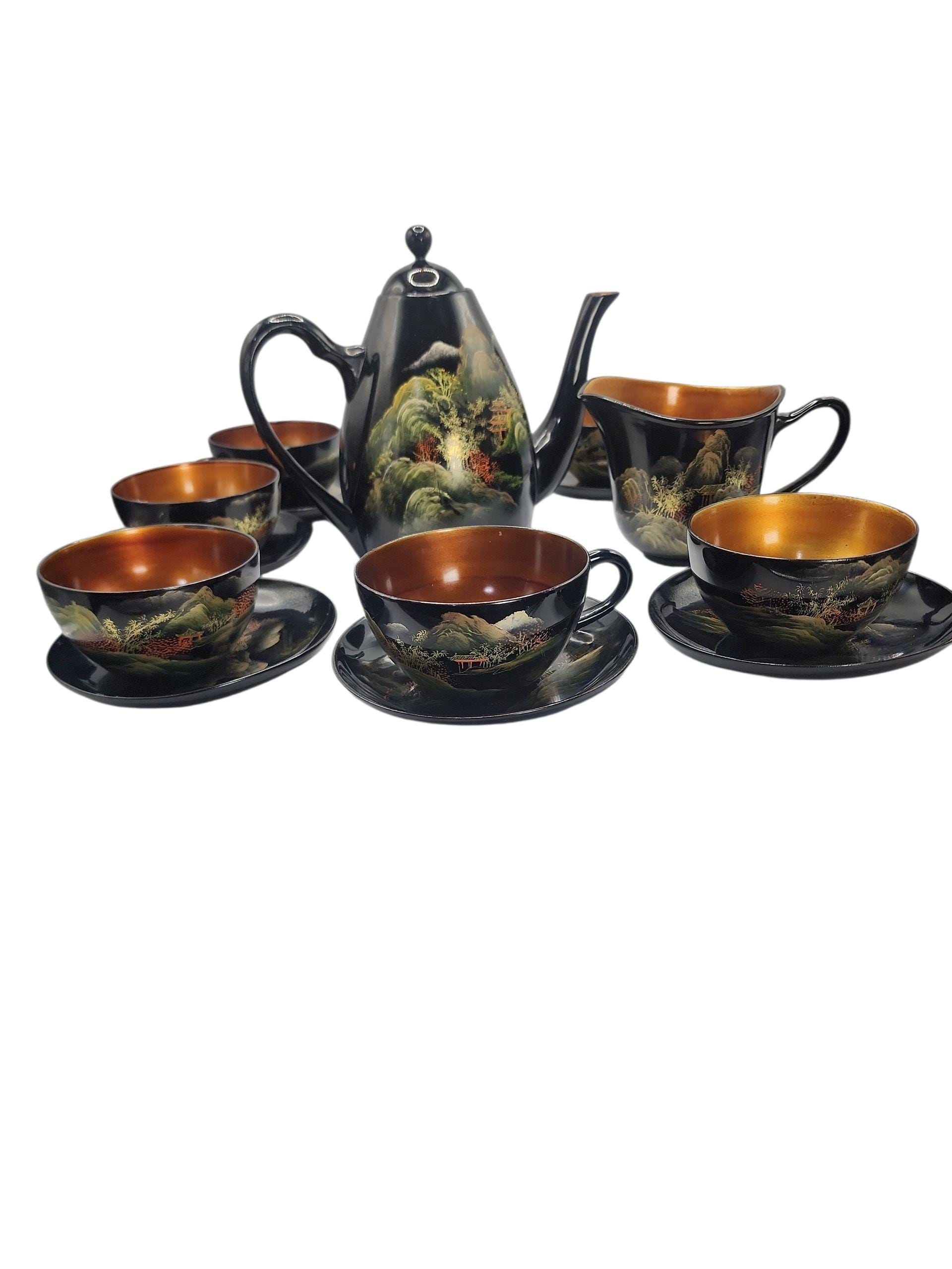 Vintage 14 Piece Asian Antique Black Gold Lacquerware Tea Set Hand