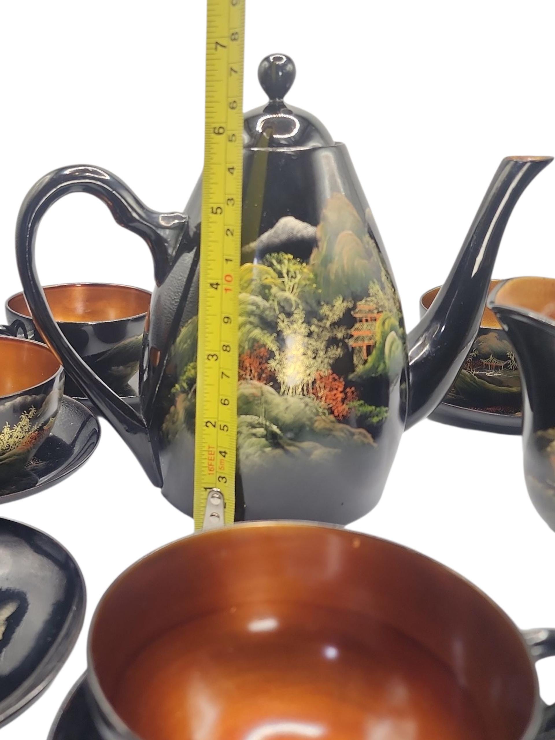 アンティーク　茶器 Vintage 14 Piece Asian Antique Black Gold Lacquerware Tea Set Hand
