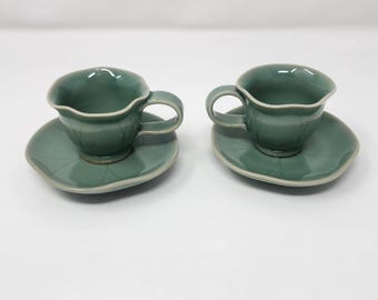 Vintage Asian Celadon Green Glazed Pottery Scalloped Tea Cups & Saucers Red stamping
