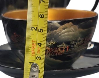 Vintage 14 Piece Asian Antique Black Gold Lacquerware Tea Set Hand