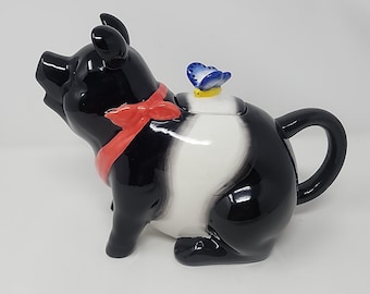Vintage Alfred & Sapota Ceramic Black Pig With Red Bow and Butterfly Lidded Teapot