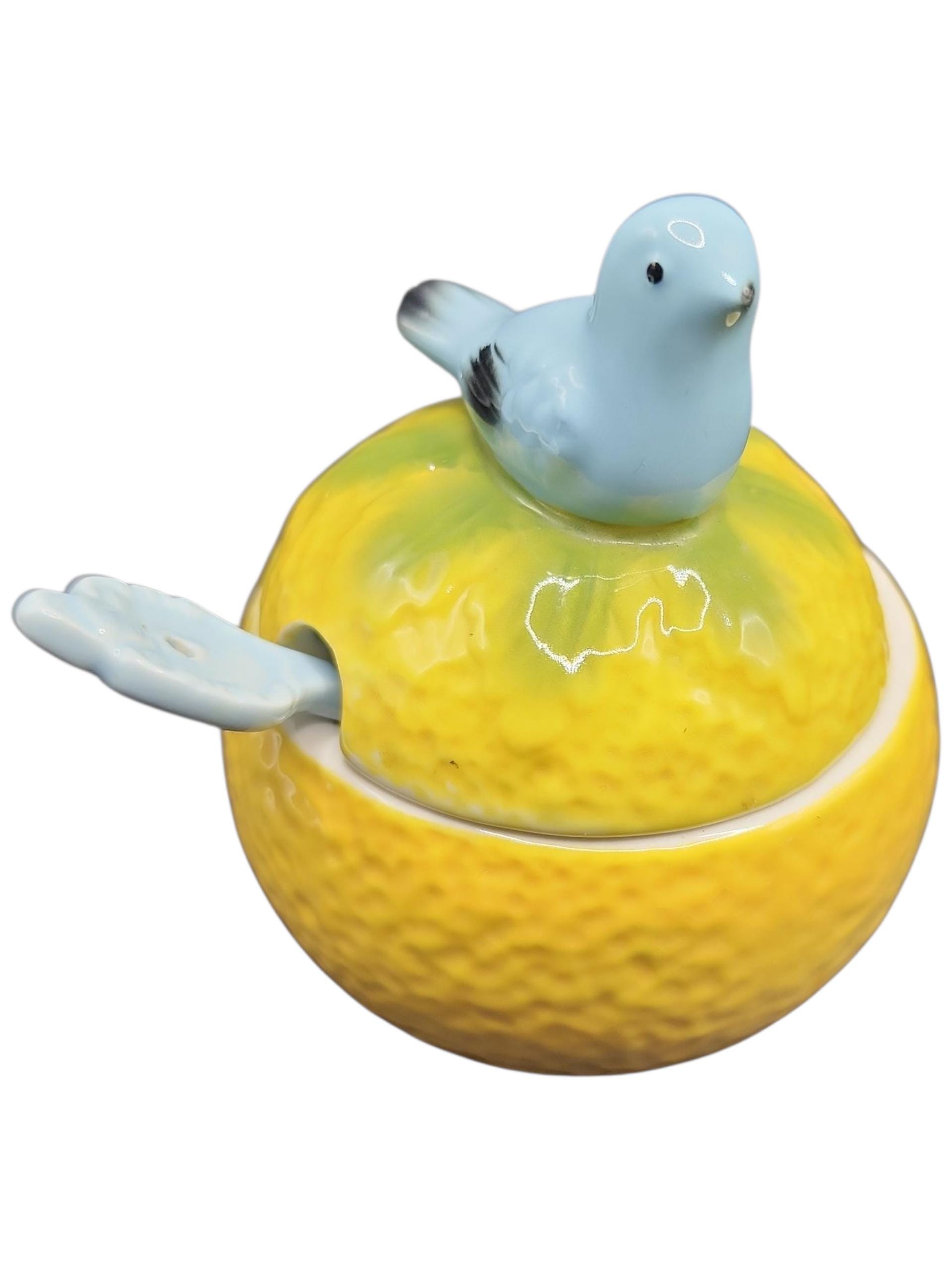 Anthropologie Lemon Blue Bird Sugar Bowl Trinket Dish Ceramic Jam