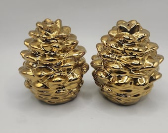 Retired Dept 56 Gold Ceramic Pinecone Salt & Pepper Shakers Christmas Decoration