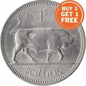 May include: Silver Irish coin with a bull and the text "1s Sciúnt" and "PM".