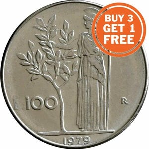 May include: A silver Italian 100 Lire coin from 1979 featuring a woman standing next to an olive tree. The coin has the letter "R" on the right side and the year "1979" at the bottom.