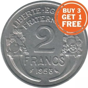 Puede incluir: Una moneda francesa de 2 francos de plata de 1958. La moneda tiene las palabras "LIBERTE - EGALITE - FRATERNITE" alrededor del borde, un gran número "2" en el centro y las palabras "FRANCS" debajo del número. La moneda también tiene dos racimos de uvas a cada lado del número.