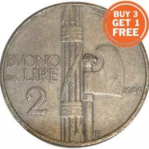 May include: A silver Italian 2 Lire coin from 1924 featuring a fasces, an axe bound with rods, and the text "Due Lire" on the obverse.