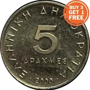 Könnte beinhalten: Eine silberne griechische 5-Drachmen-Münze aus dem Jahr 2000. Die Münze trägt die Inschrift "ΕΛΛΗΝΙΚΗ ΔΗΜΟΚΡΑΤΙΑ" (Griechische Republik) am Rand und "5 ΔΡΑΧΜΕΣ" (5 Drachmen) in der Mitte.