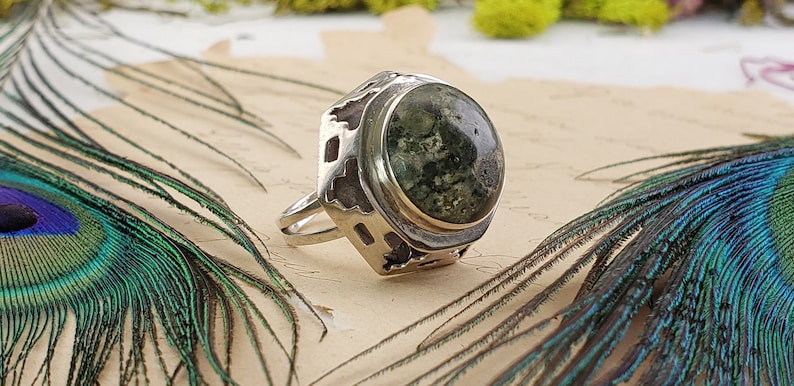 Vintage Sterling Silver Green Jasper Gemstone Ring