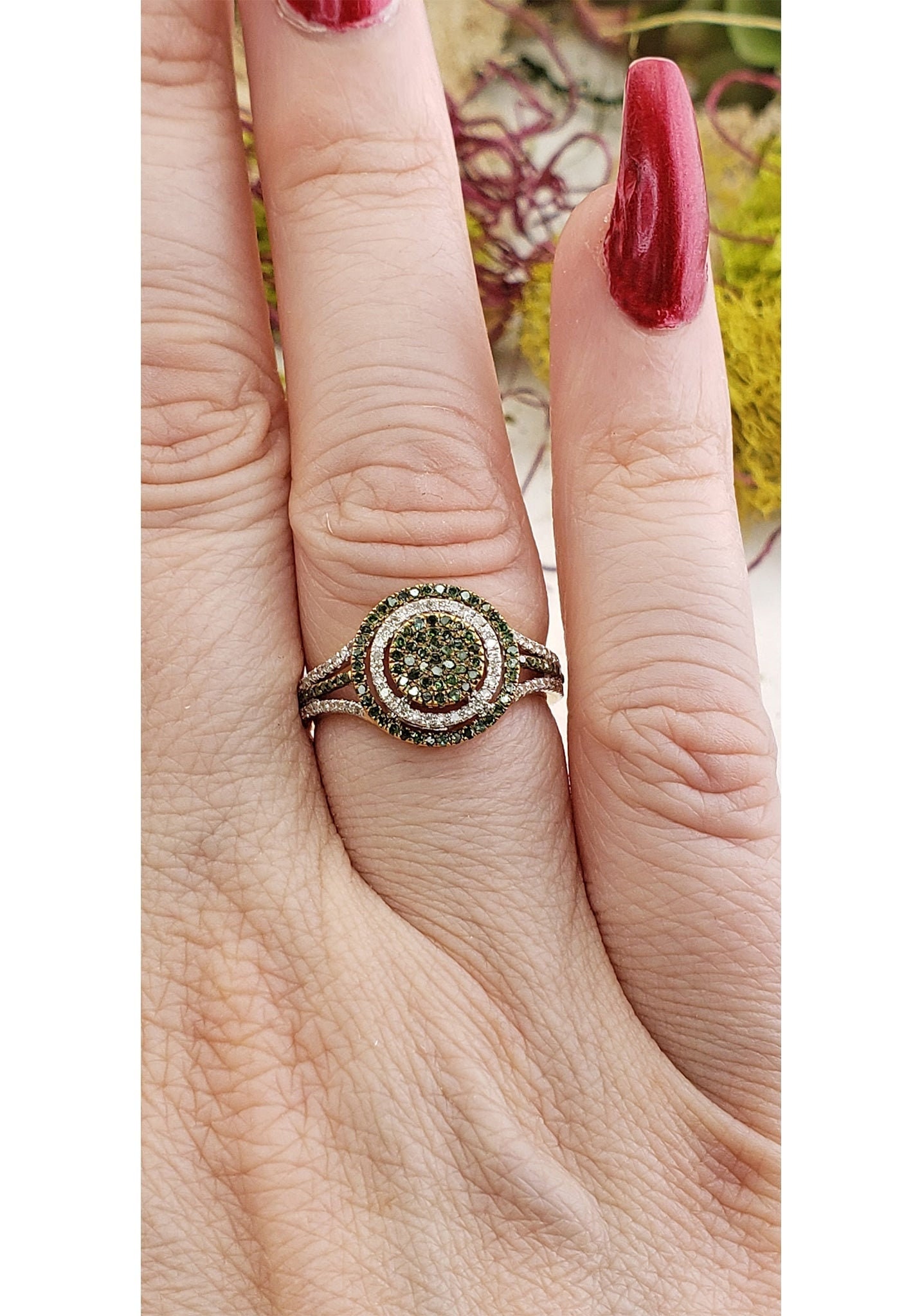 Exquisite Pave Ring Size 7 10k Yellow Gold Rare Green Diamonds