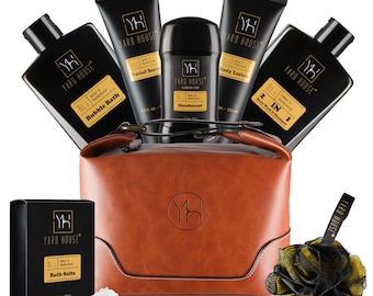 Men's Sandalwood Amber Spa Gift Set: 9Pcs Leather Toiletry Bag & Skincare Kit