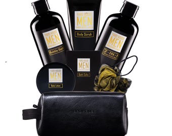 Set de regalo de spa de sándalo y ámbar para hombre: Kit de baño y cuerpo de 7 piezas con neceser de cuero