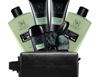 Men's Eucalyptus Mint Bath and Body Grooming Gift Set: 7Pcs Natural Skincare Kit with Leather Toiletry Bag