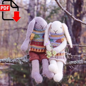 May include: Two knitted bunny dolls wearing colourful sweaters and sitting on a tree branch. The bunny on the left is purple and the bunny on the right is white.