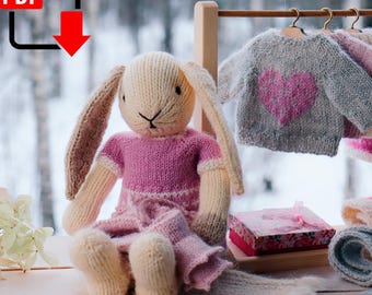 Knitted doll Clothes patterns Set: cozy Outfits for bunny dolls with instant PDF download