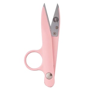 May include: Pink embroidery scissors with a silver blade. The scissors have a loop for the finger and a small silver rivet. The blades have a small penguin logo. These scissors are ideal for cutting threads and small details in embroidery and sewing projects.