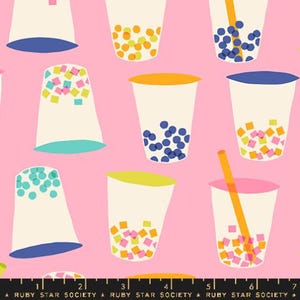 May include: Pink background with a repeating pattern of colorful bubble tea cups with different toppings. The cups are in various shapes and sizes, some with straws.