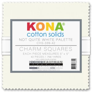 Puede incluir: Un paquete de 42 cuadrados de encanto de algodón Kona en la paleta Not Quite White. Cada cuadrado mide 12,7 cm por 12,7 cm y contiene 0,69 metros de tela.