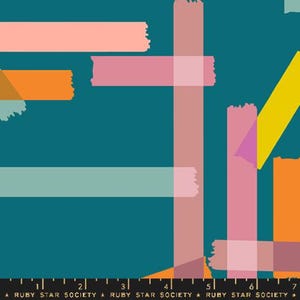 May include: Abstract fabric design with overlapping rectangular shapes in pink, orange, yellow, and teal. The design includes the text "RUBY STAR SOCIETY" along the bottom edge. The fabric has a modern, artistic aesthetic, suitable for various craft projects.