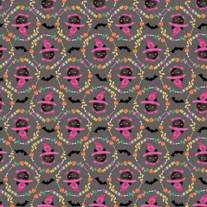 May include: A repeating pattern featuring black cats wearing pink witch hats, surrounded by candy, pumpkins, and bats on a gray background. The Halloween-themed design includes colorful candy necklaces and bat silhouettes.
