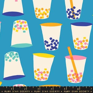 May include: A seamless pattern featuring colorful bubble tea cups with various toppings on a bright blue background. The cups are filled with different colored boba and toppings, including blue, pink, and yellow.