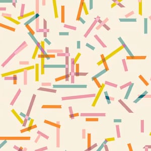 May include: Abstract pattern featuring colorful tape-like shapes in shades of yellow, pink, orange, and teal on a cream background. The design has a playful, confetti-like appearance, suitable for various craft projects.
