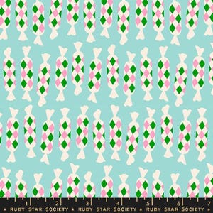 May include: A repeating pattern of candy on a light blue background. The candy is white with pink and green diamond patterns.