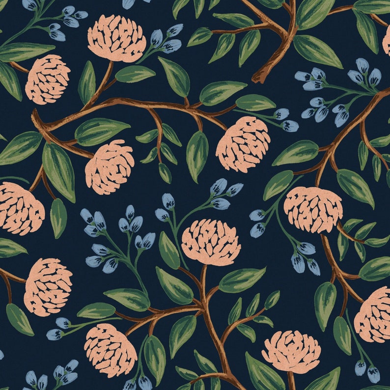 May include: A seamless pattern featuring pink flowers and green leaves on a dark blue background. The floral design is reminiscent of a vintage botanical illustration.