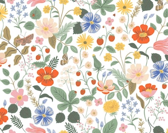 May include: A seamless pattern featuring a variety of colorful flowers, including red, yellow, pink, and blue blooms, along with green leaves, strawberries, and butterflies, set against a white background. The design is detailed and vibrant, creating a lively floral print.