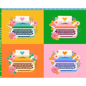 May include: A colorful illustration features four squares, each with a typewriter design. The typewriters are in shades of blue, pink, and yellow, with a heart on the paper. Each typewriter is surrounded by flowers, set against backgrounds of yellow, green, orange, and pink.