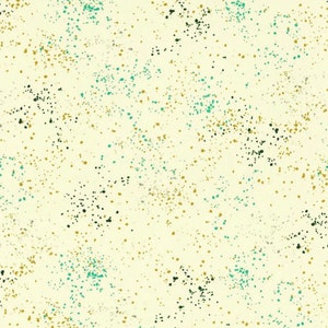 May include: Abstract seamless pattern with a cream background and a random splatter of black, gold, and teal dots.