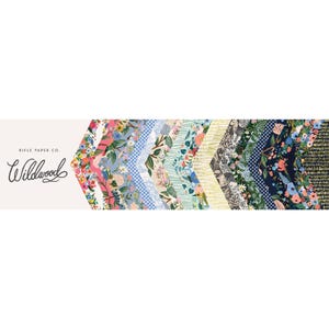 May include: A collection of 12 patterned fabric squares in a variety of colors and designs, including floral, geometric, and abstract patterns. The fabric squares are arranged in a staggered pattern, creating a visually appealing display. The text "Rifle Paper Co. Wildwood" is visible at the bottom of the image.