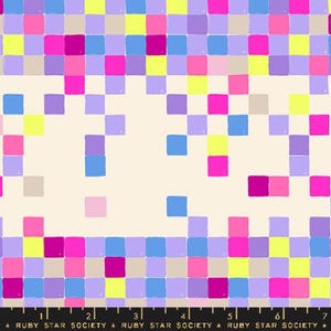 May include: A fabric with a pixelated design featuring squares in shades of pink, blue, purple, yellow, and gray on a cream background. The text "RUBY STAR SOCIETY" is at the bottom.