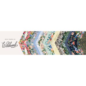 May include: A collection of 12 patterned fabric squares in a variety of colors and designs, including floral, geometric, and abstract patterns. The fabric squares are arranged in a chevron pattern, with the text "Rifle Paper Co. Wildwood" at the top.