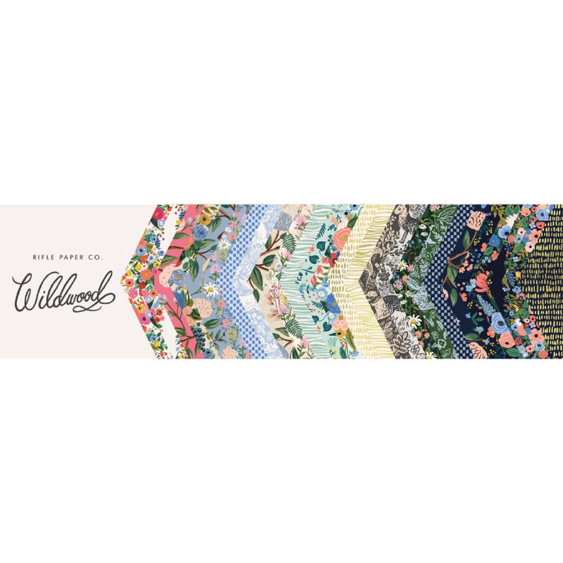 May include: A collection of 12 patterned fabric squares in a variety of colors and designs, including floral, geometric, and abstract patterns. The fabric squares are arranged in a chevron pattern, with the text "Rifle Paper Co. Wildwood" at the top.