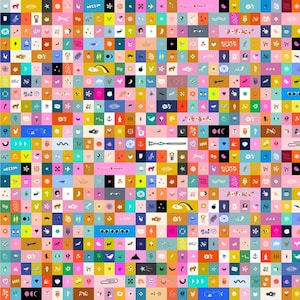 May include: A colorful, patterned design featuring a grid of small squares, each with a unique illustration. The squares display various icons, including animals, stars, hearts, and abstract shapes, in a vibrant palette of pinks, blues, greens, and yellows.