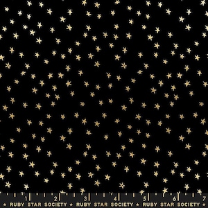 May include: Black fabric with a repeating pattern of gold stars.