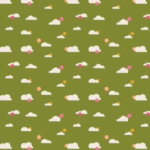 May include: A repeating pattern of white clouds, pink and orange circles on a green background. The clouds are in various sizes and shapes, with the circles scattered throughout the design. This pattern is suitable for fabric or wallpaper.