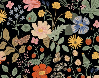May include: A black background with a repeating pattern of colorful flowers, butterflies, and berries. The flowers are in shades of pink, red, yellow, and blue. The butterflies are brown and orange. The berries are red.