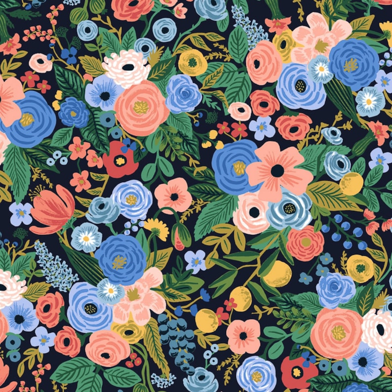 May include: A seamless pattern featuring a variety of colorful flowers, leaves, and fruits on a dark blue background. The pattern includes pink, red, blue, yellow, and green flowers, as well as lemons and berries.
