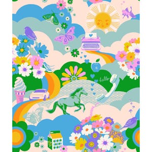 May include: A colourful illustration with a retro theme. The design includes a sun with a face, butterflies, flowers, a typewriter, a rainbow, and a horse. The colour palette is a mix of pastel and vibrant hues, creating a cheerful and nostalgic vibe.