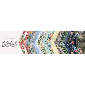 May include: A collection of 12 patterned fabric squares in a variety of colors and designs, including floral, geometric, and abstract patterns. The fabric squares are arranged in a chevron pattern, with the text "Rifle Paper Co. Wildwood" at the top.