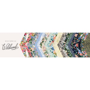 May include: A collection of 12 patterned fabric squares in a variety of colors and designs, including floral, geometric, and abstract patterns. The fabric squares are arranged in a chevron pattern, with the text "Rifle Paper Co. Wildwood" at the top of the image.